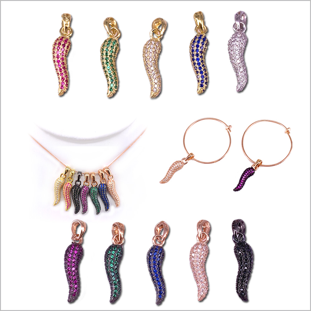 Leda – Orecchini Corno Portafortuna In Argento 925 Con Zirconi, Cerchietto Pendente Liscio, Chiusura Scattino, Made In Italy, Nichel Free
